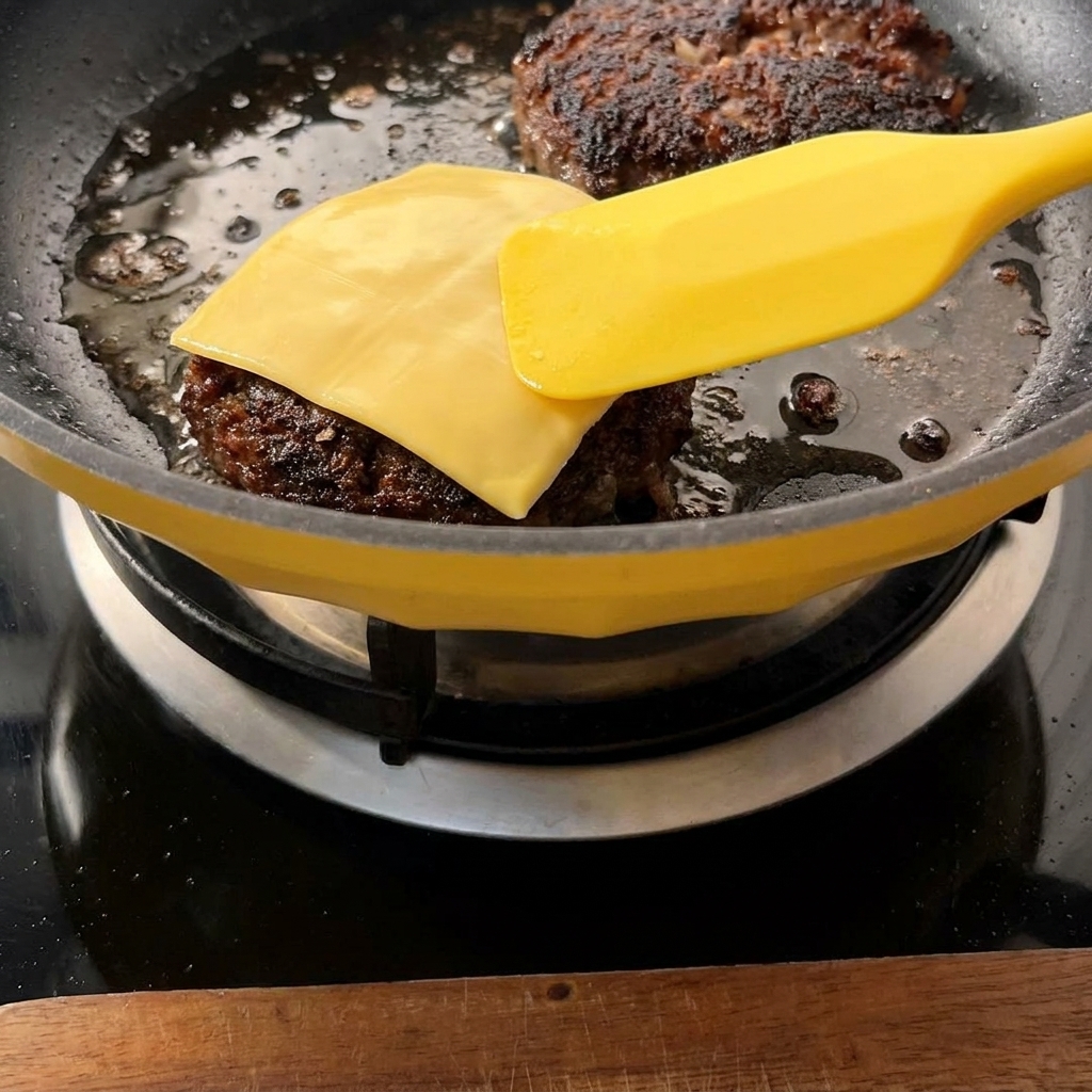 Gelbe Käsescheiben schmelzen auf den Rinder-Patties in der Pfanne, ein gelber Pfannenwender ist sichtbar.
