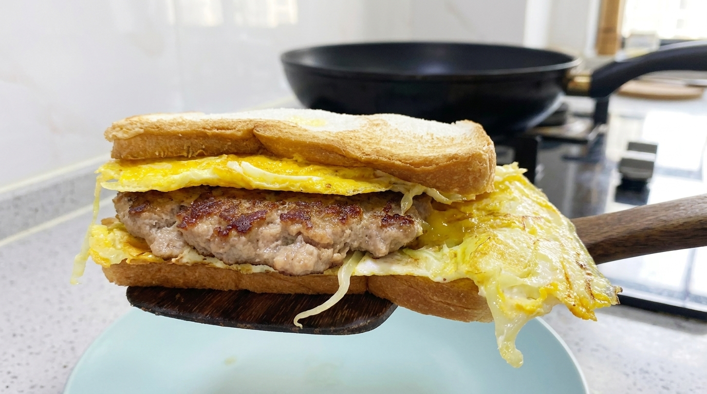 Schweinefleisch-Patty und Kohl-Ei Sandwich