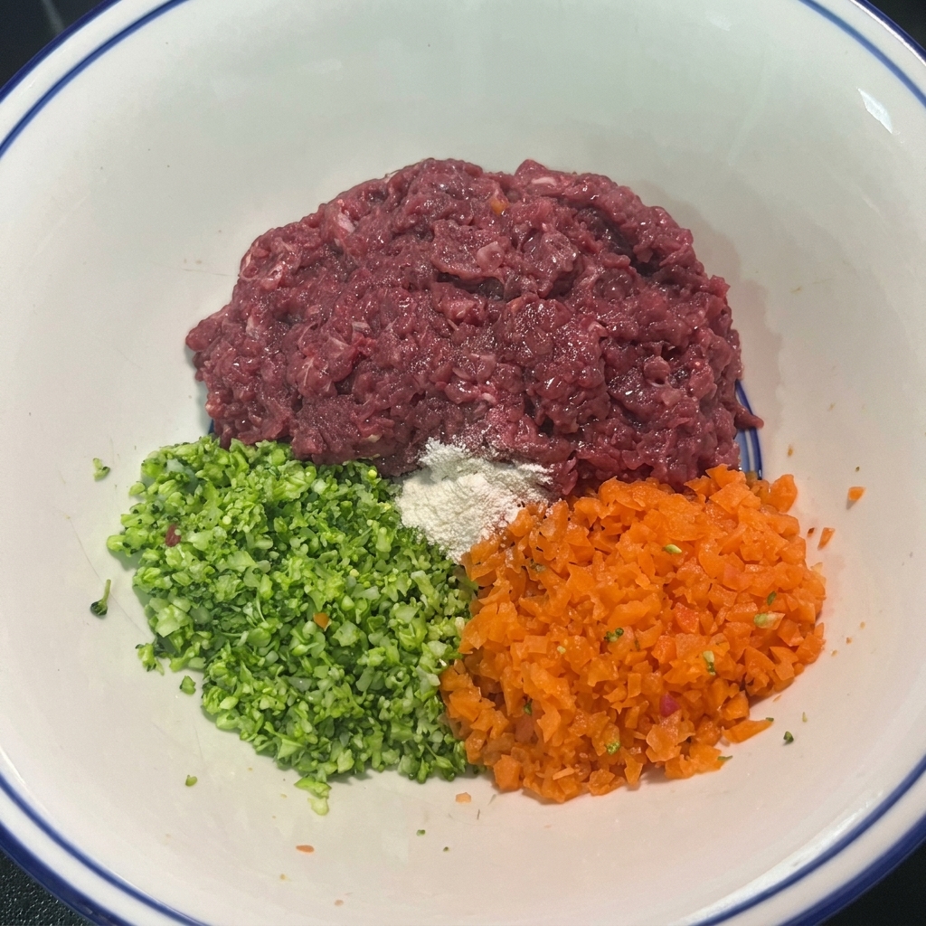 Eine Schüssel mit Rinderhackfleisch, fein gehacktem Brokkoli und Karotten sowie Gewürzen, bereit zum Vermengen.