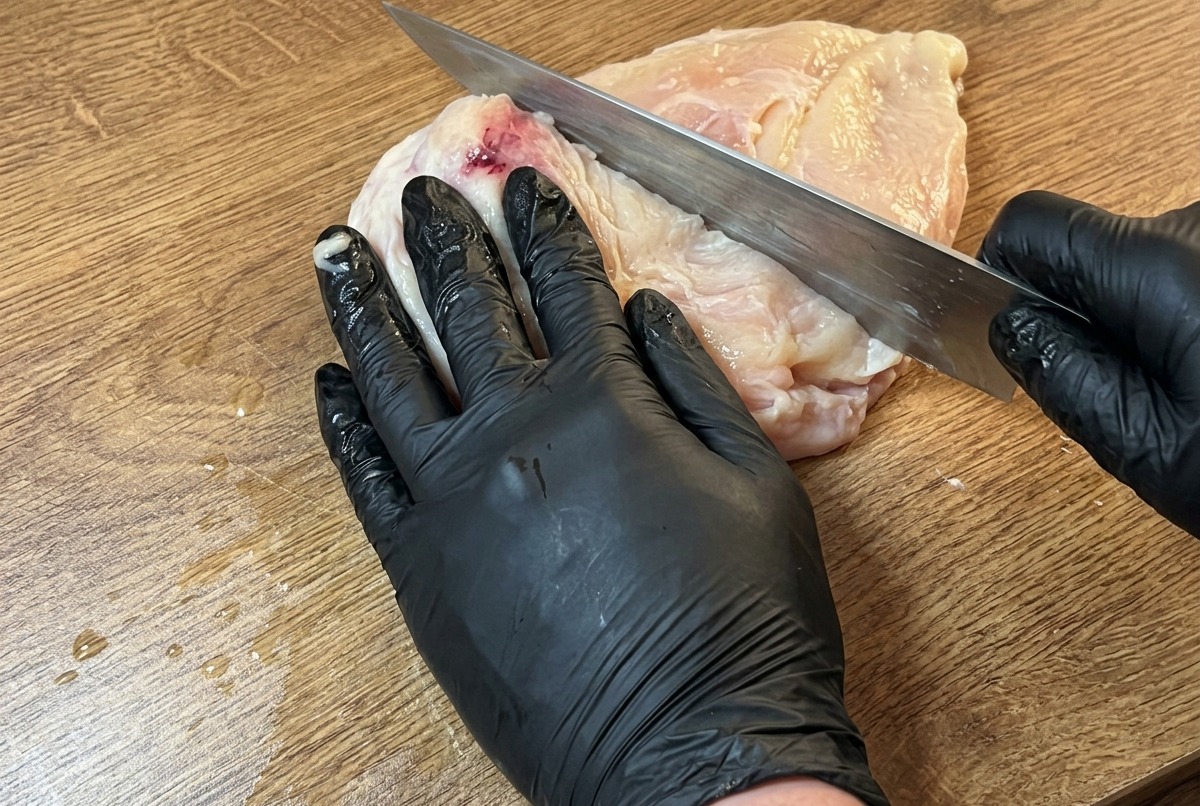 Rohe Hähnchenbrust auf einem Holzbrett beim Entfernen von Sehnen mit einem Kochmesser.