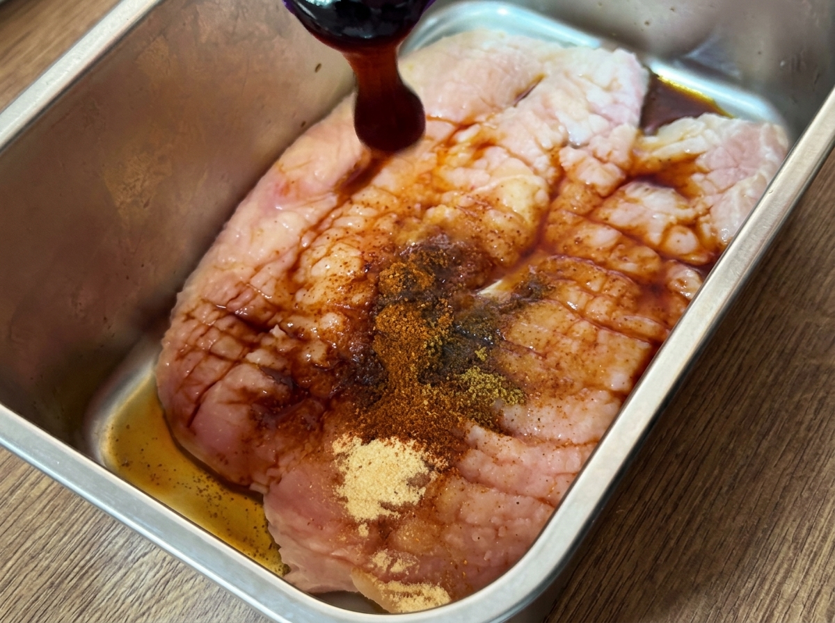 Gewürzte Hähnchenbrust in einem Behälter.