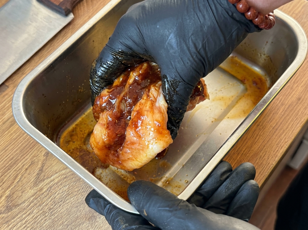 Eine Hand im schwarzen Handschuh massiert die Marinade in das Hähnchen.