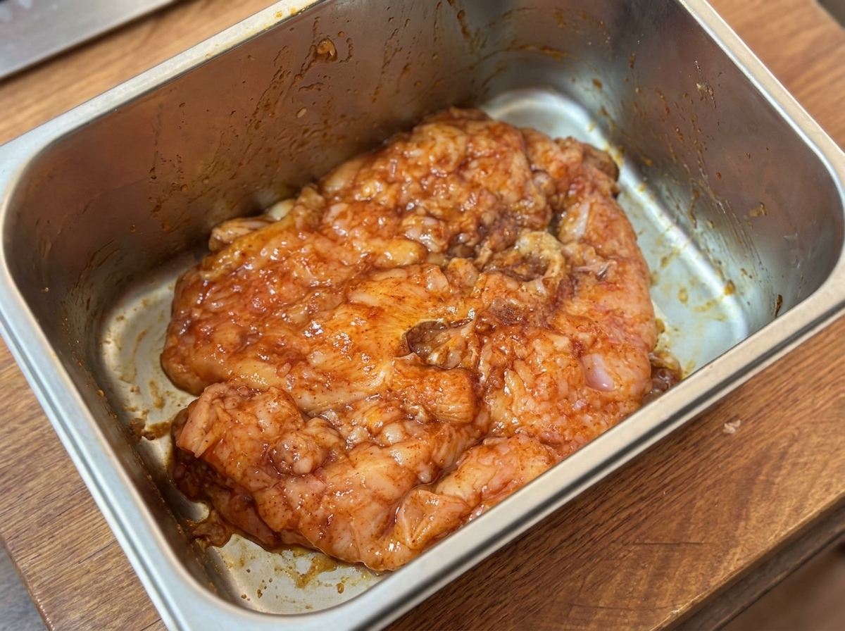 Metallbehälter mit mariniertem Hähnchen, mit Frischhaltefolie bedeckt.