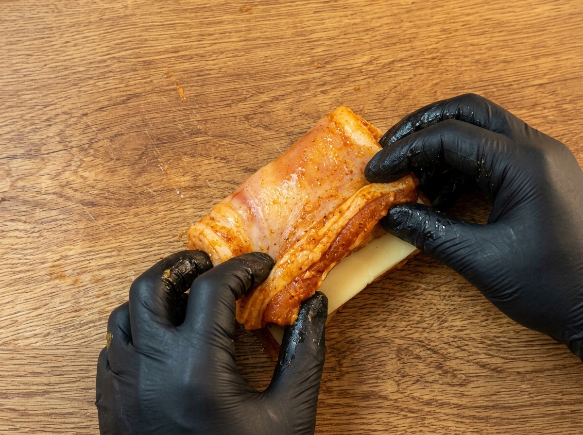 Rohes Hähnchen wird zusammengeklappt, um den Käse einzuschließen.
