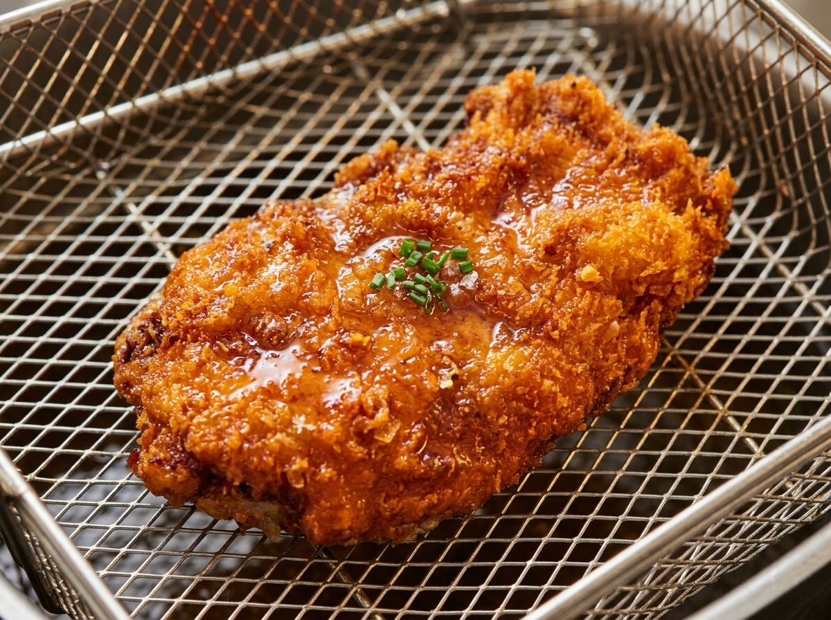 Knuspriges, goldbraunes Hähnchen wird aus der Fritteuse genommen.