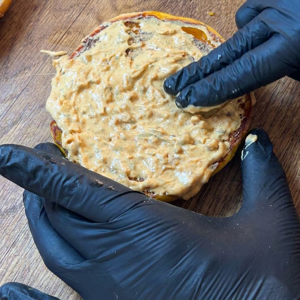Die Sauce wird auf das Brötchen gestrichen.