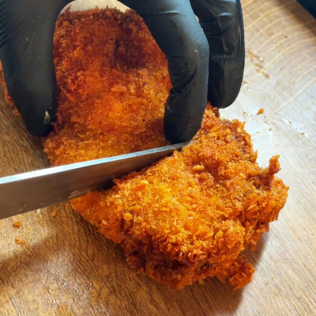 Ein großes, knuspriges Hähnchenpatty wird halbiert.