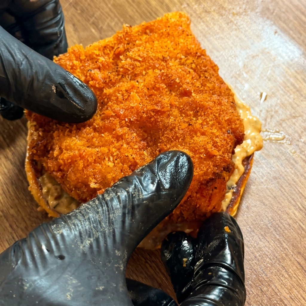 Das Hähnchen wird auf das belegte Brötchen gelegt.