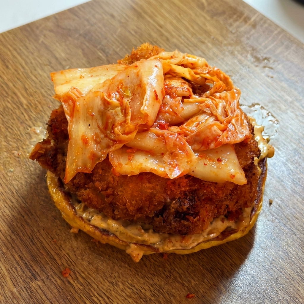 Zweites Hähnchenstück wird auf den Kimchi gelegt.