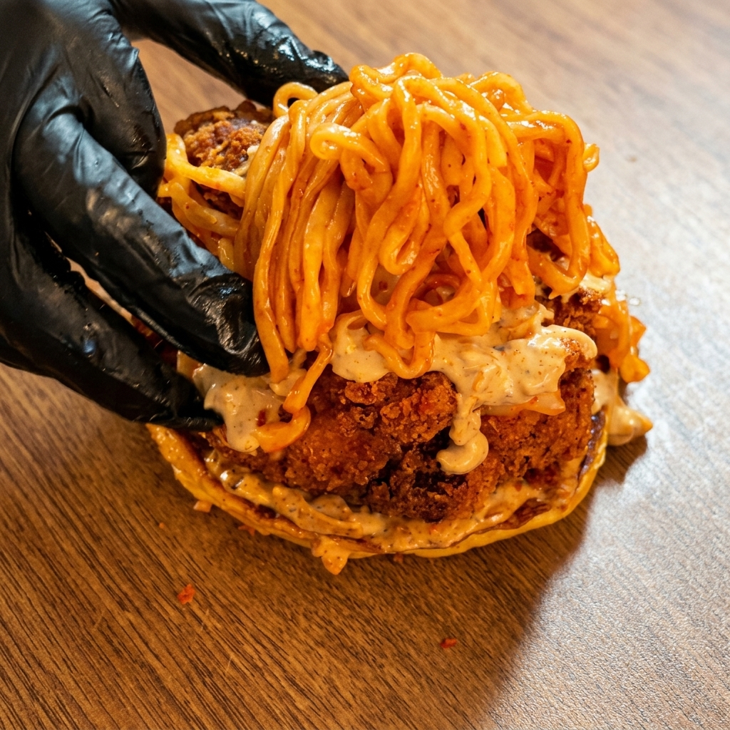 Ein Nudelberg wird auf dem Burger platziert.
