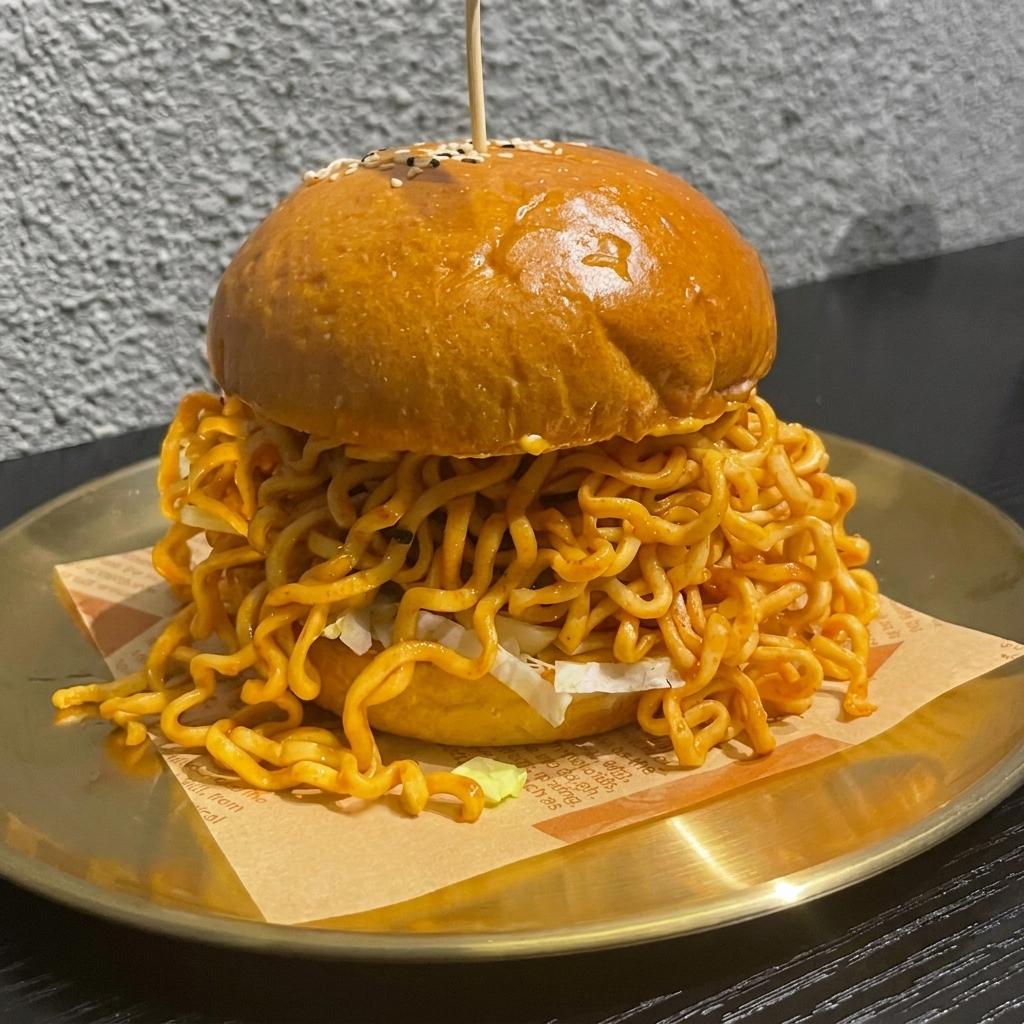 Hände in schwarzen Handschuhen formen ein rohes Rinderhackfleisch-Patty auf einer Edelstahlfläche.