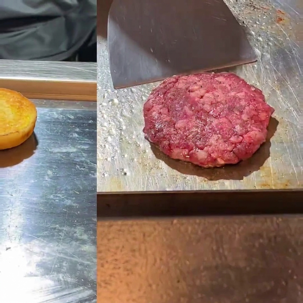 Geteilte Ansicht: Ein getoastetes Brötchen auf der Grillplatte und ein rohes Patty, das mit einem Spatel flach gedrückt wird.