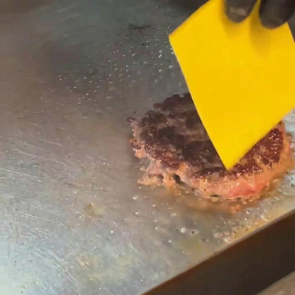 Eine Scheibe gelber Käse schmilzt auf einem angebratenen Burger-Patty mit Hilfe eines Flambierbrenners.