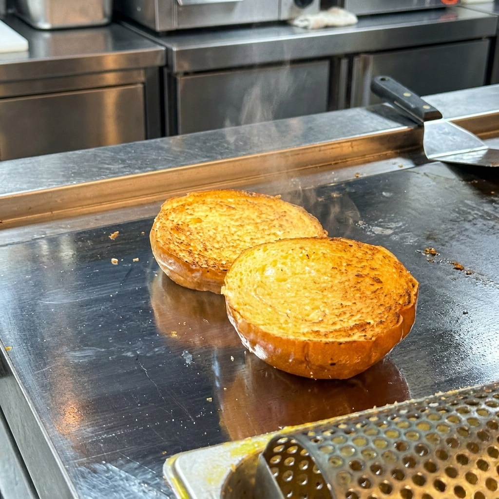 Ein unteres Brötchen belegt mit Salat, Tomaten, Gurken und dem käsebedeckten Patty.