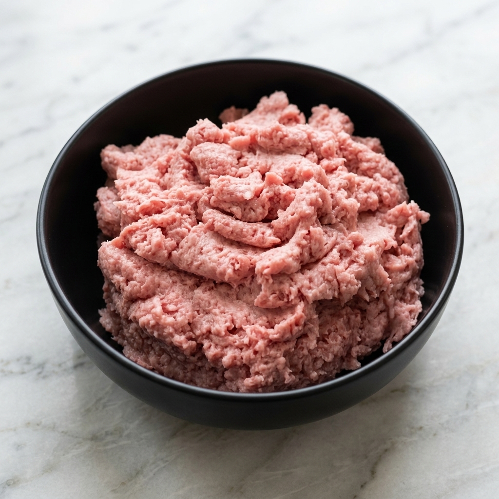 Truthahnhackfleisch wird in einer schwarzen Schüssel gewürzt und vermengt.