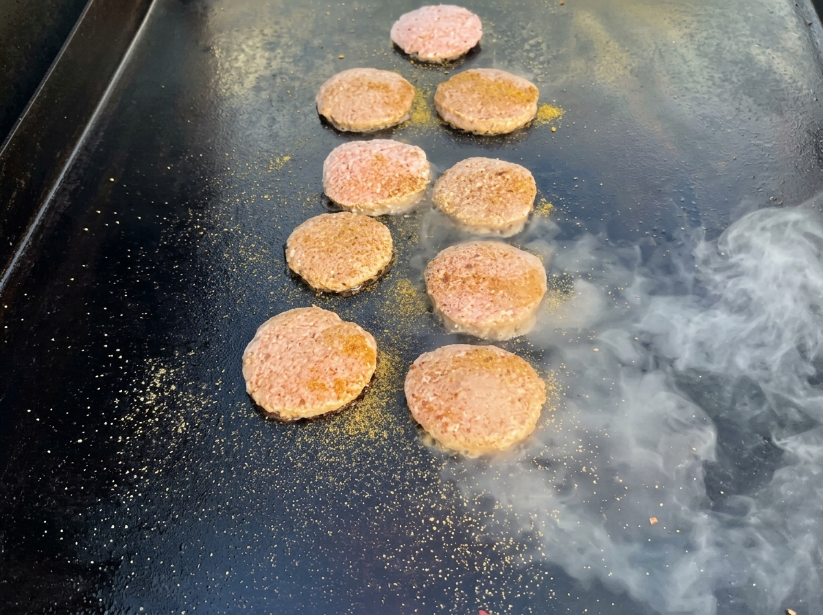 Truthahn-Patties braten auf einer heißen Grillplatte mit goldbrauner Kruste.
