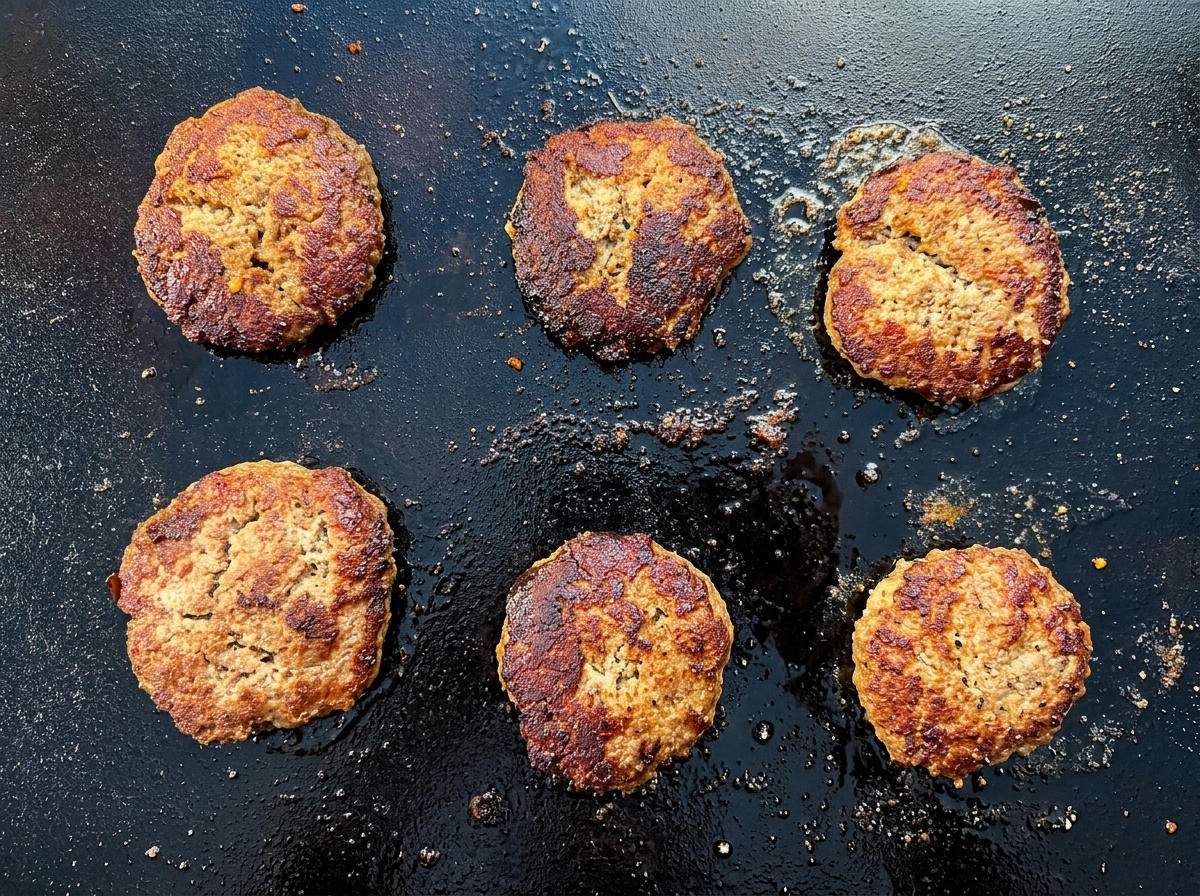 Slider-Brötchen toasten auf einer heißen Grillplatte neben den bräunenden Truthahn-Patties.