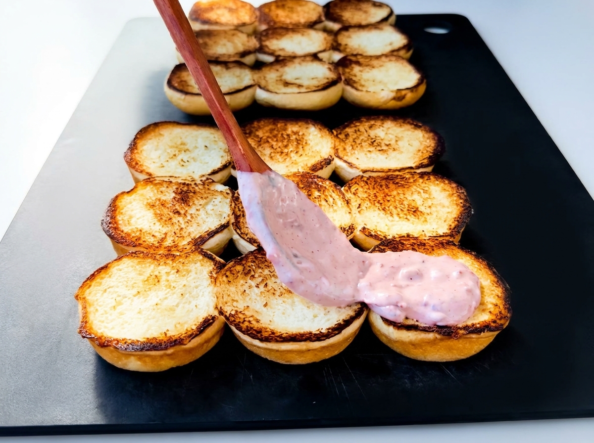 Rosa Sauce wird mit einem Holzlöffel auf die getoasteten Slider-Brötchen gestrichen.