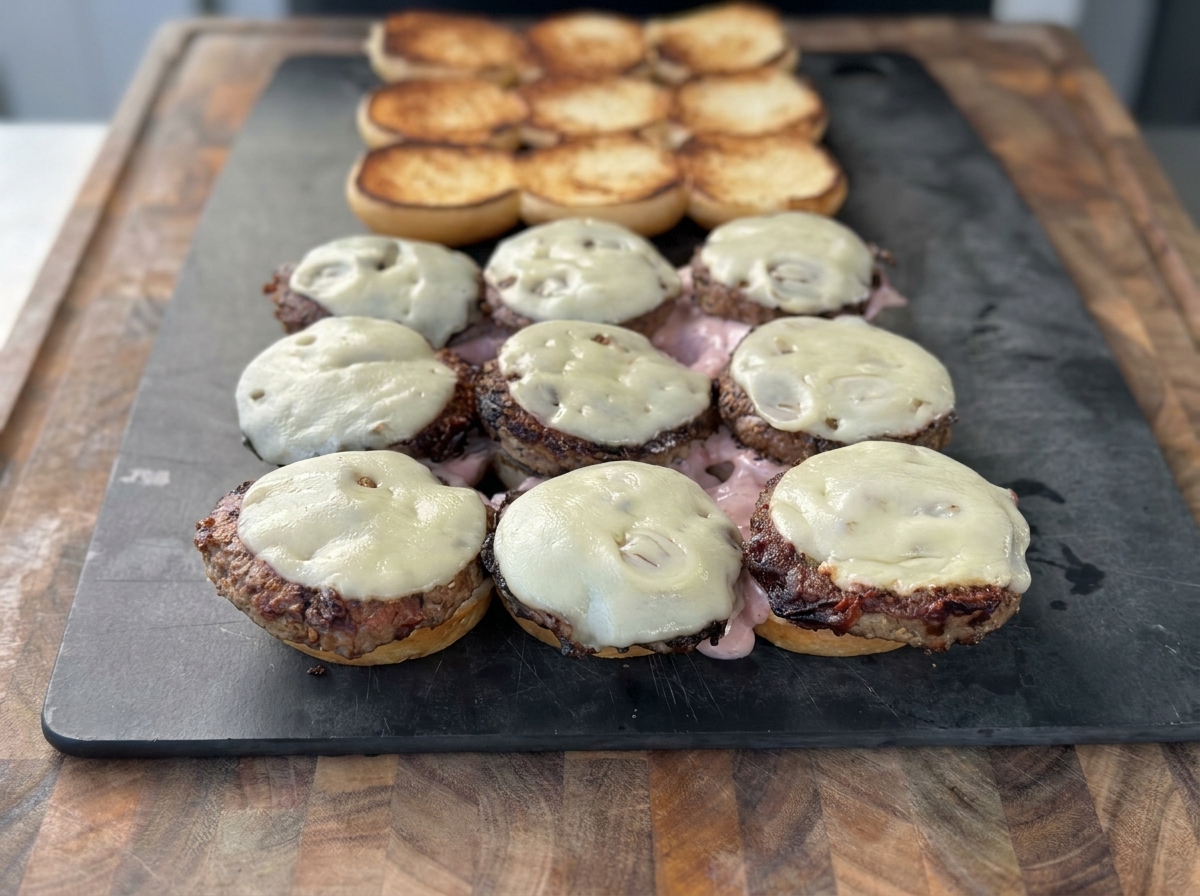 Knusprige Röstzwiebeln werden auf die käsebedeckten Truthahn-Patties auf den Brötchen gegeben.