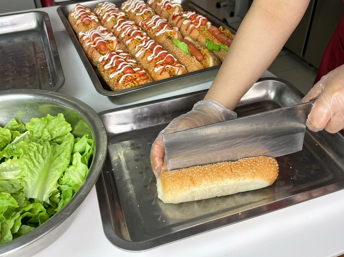 Ein Messer schneidet ein weiches Hot-Dog-Brötchen mit Sesam von oben ein.