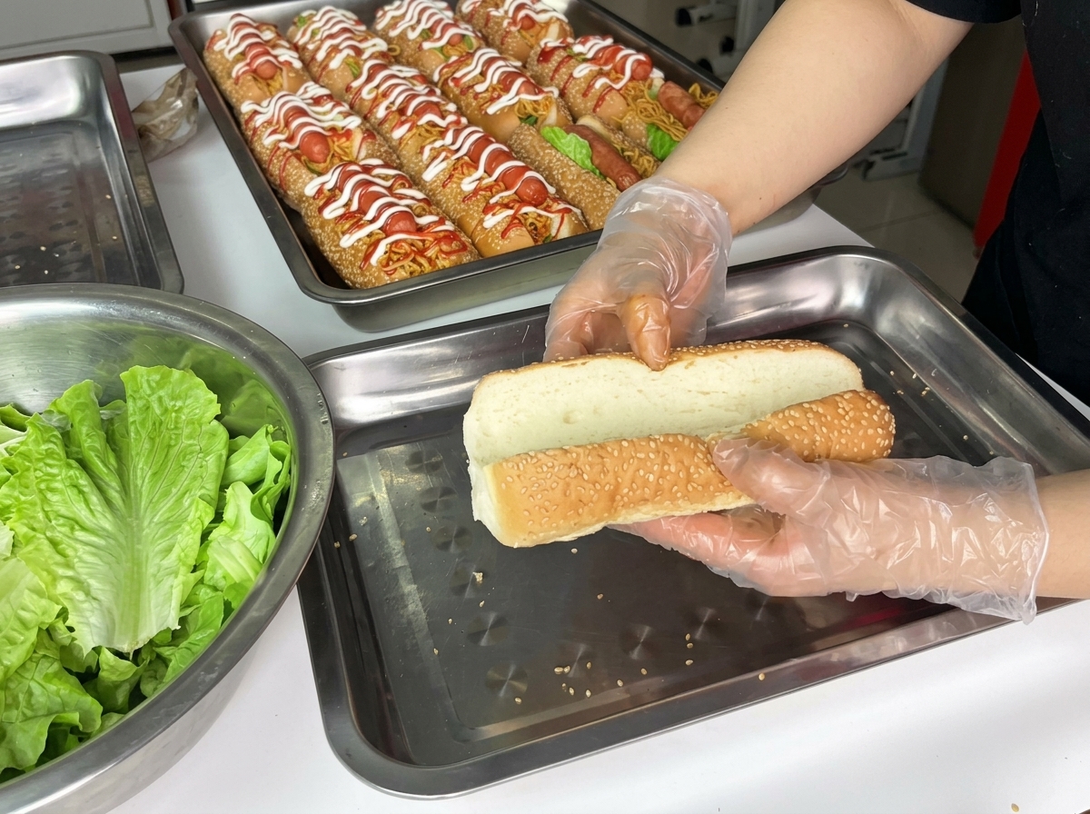 Die Zutaten—Salat, Nudeln und Würstchen—werden im Brötchen geschichtet.