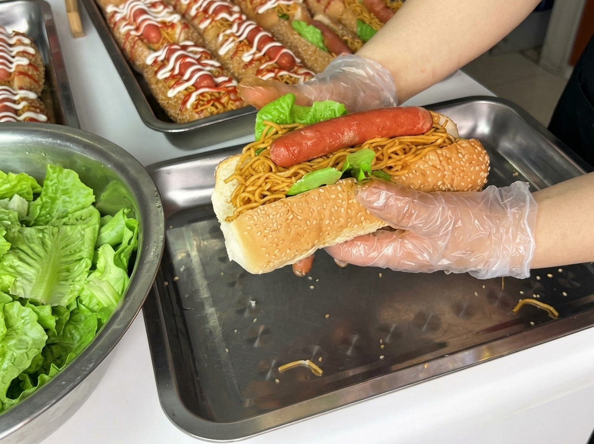 Mayonnaise und Ketchup werden in dekorativen Linien über den fertigen Burger gegeben.