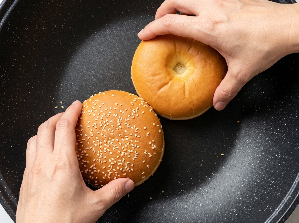 Zwei Hälften eines Sesam-Buns in einer heißen Pfanne.
