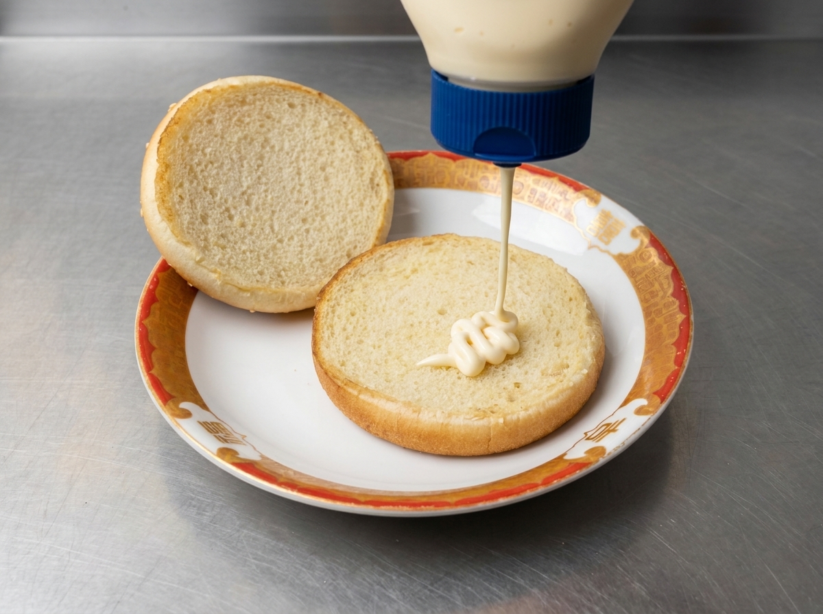 Unteres Brötchen mit Mayonnaise und einem Spiegelei oben drauf.