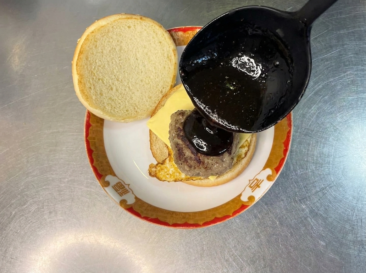 Nahaufnahme eines Burger-Pattys, das mit Ketchup bestrichen auf einem Käse-beladenen Brötchen liegt.