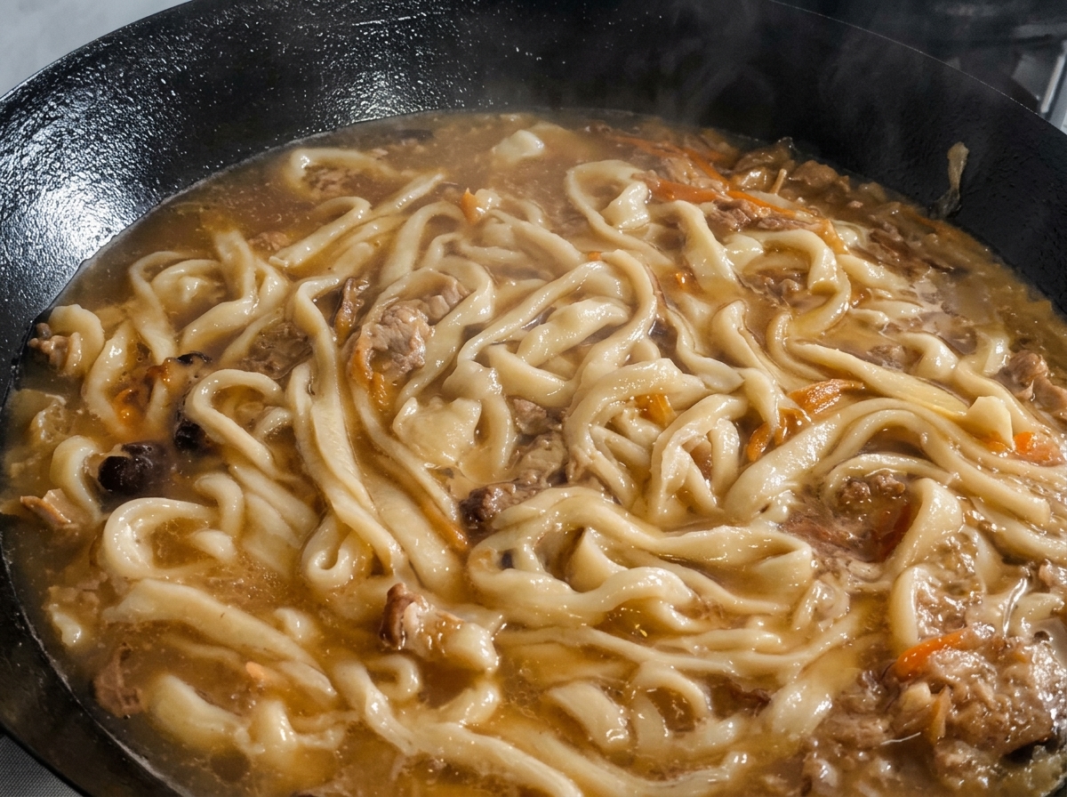 Gehackte Perillablätter werden über die Nudeln und die Suppe gestreut, die in einem Wok köcheln.