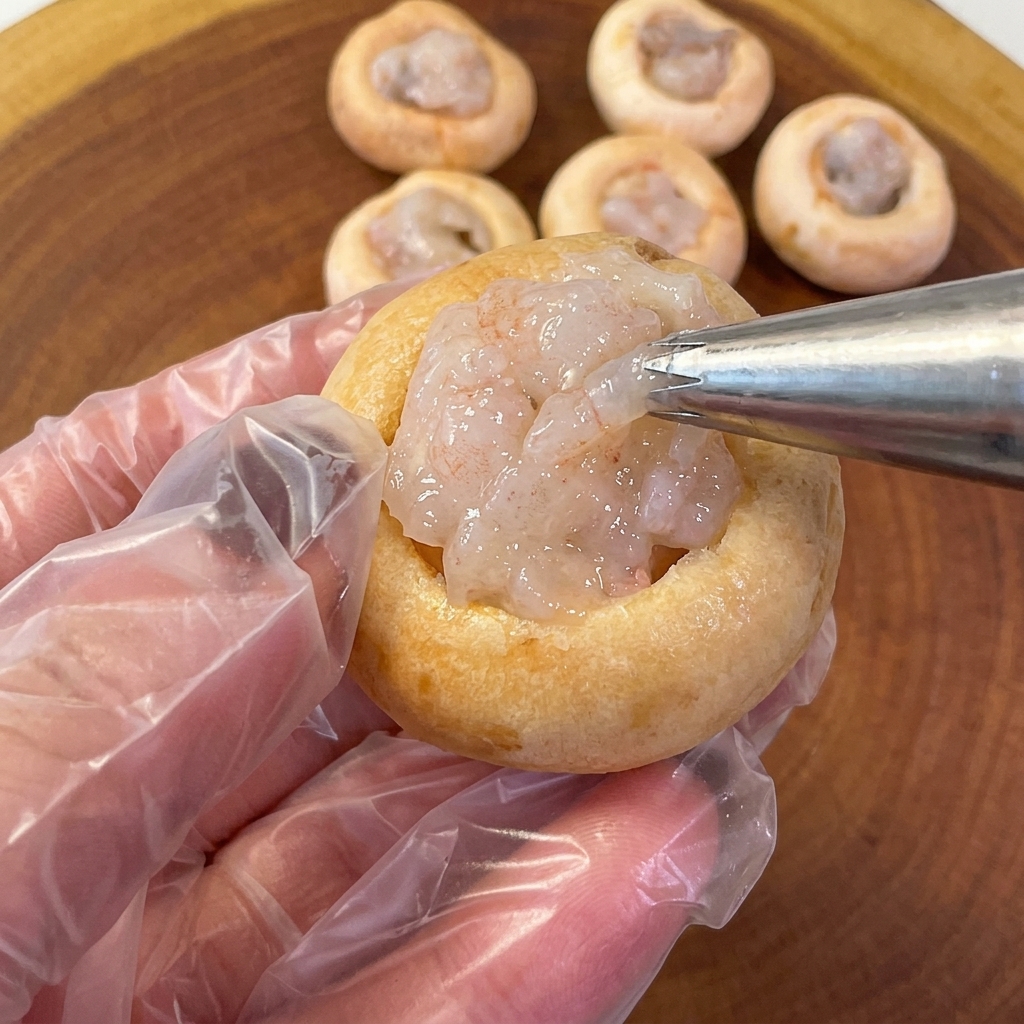 Champignonkopf wird mit einem Spritzbeutel mit Garnelenpaste gefüllt.