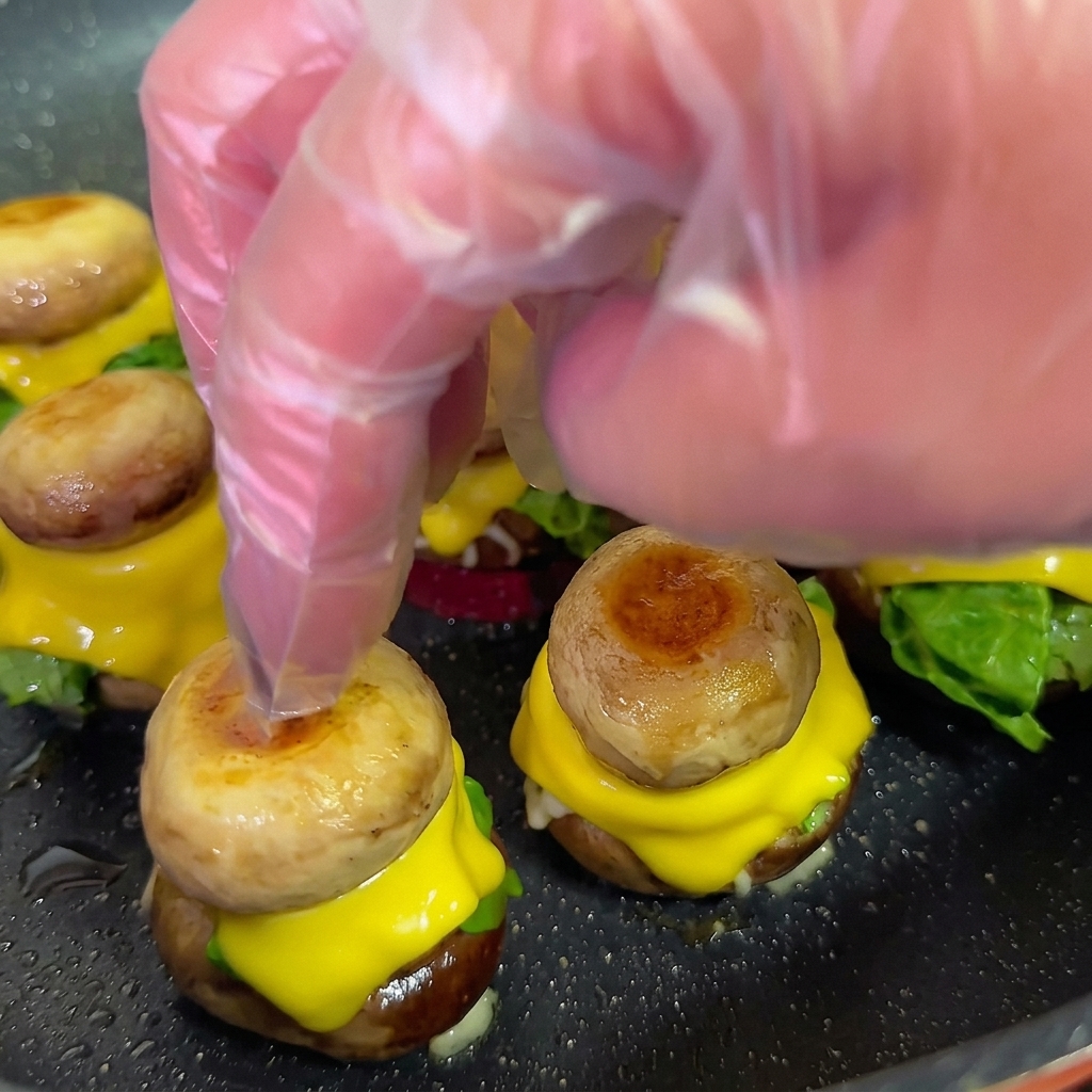 Eine Hand verwendet einen Zahnstocher, um einen zusammengesetzten Mini-Pilzburger zu fixieren.