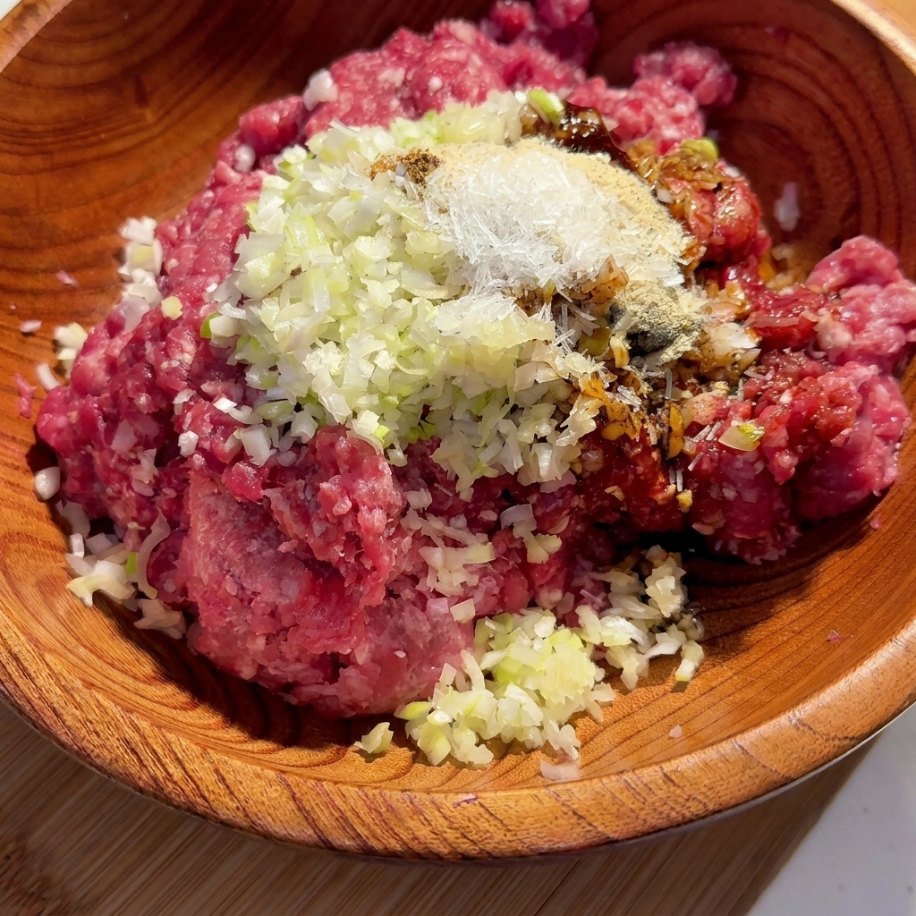 Rinderhackfleisch in einer Holzschüssel wird mit Gewürzen und Aromaten vermengt.