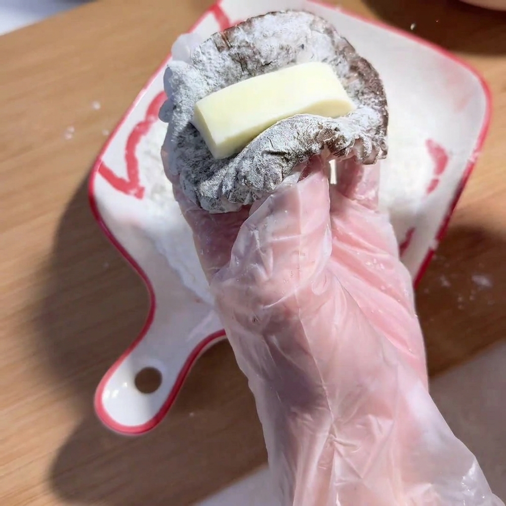 Eine Hand mit Plastikhandschuh legt ein Stück Käse in einen mit Rindfleisch gefüllten Shiitake-Pilz.