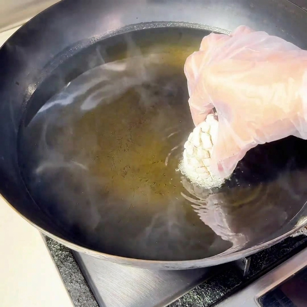 Eine Hand mit Plastikhandschuh lässt einen panierten Pilz in heißes, sprudelndes Öl in einem Wok fallen.