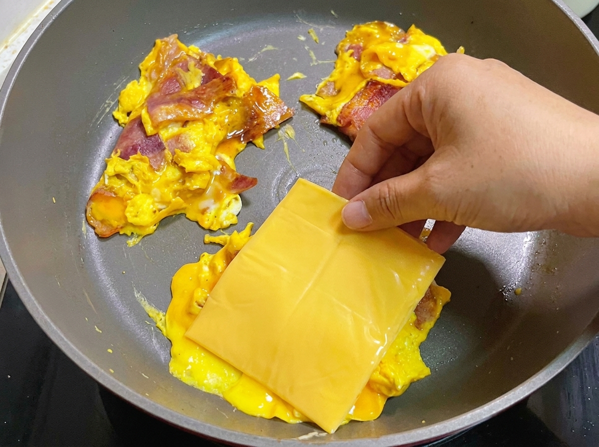 Eine quadratische Scheibe gelber Käse wird auf ein fertig gebratenes Speck-Ei-Omelett in der Pfanne gelegt.