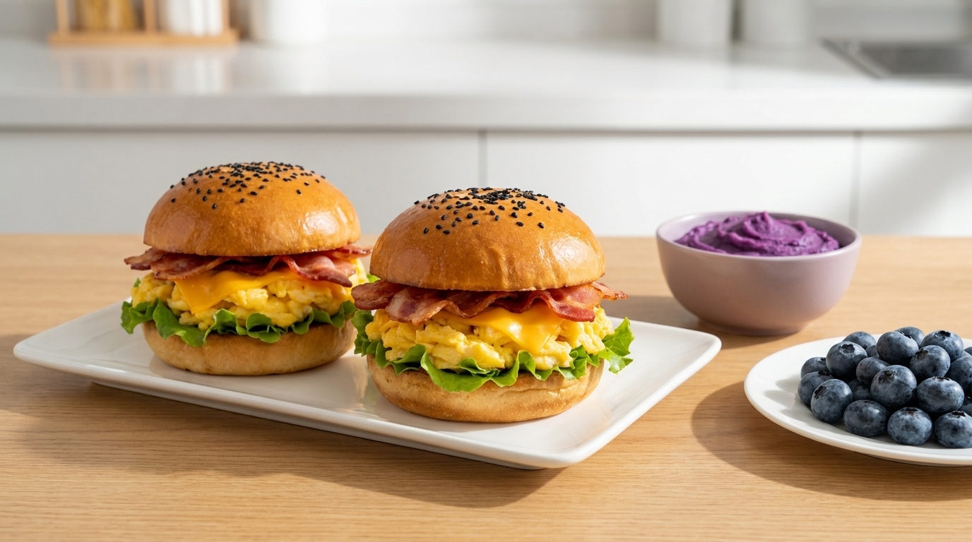 Schneller Frühstücks-Burger mit Speck und Rührei