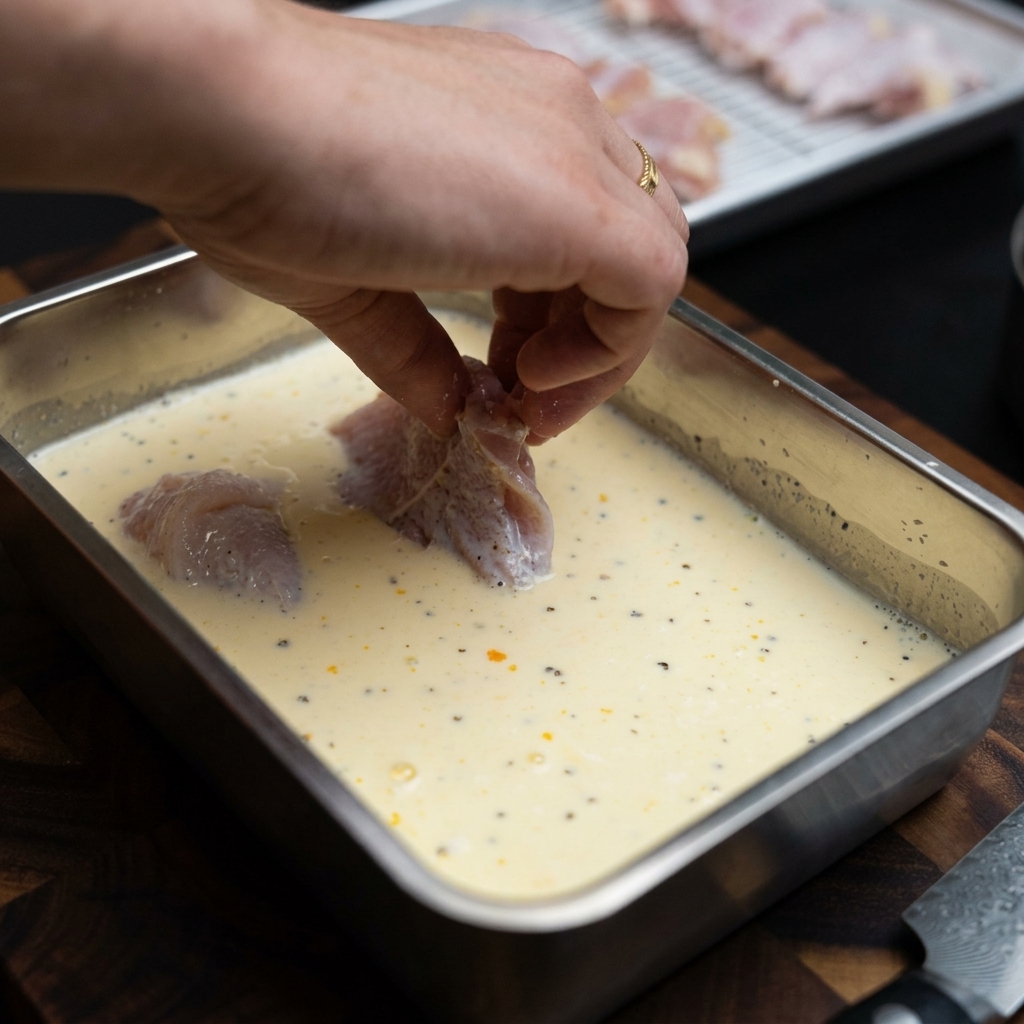 Hähnchenstücke, die in einer Metallschüssel in der Milch-Ei-Marinade einweichen.