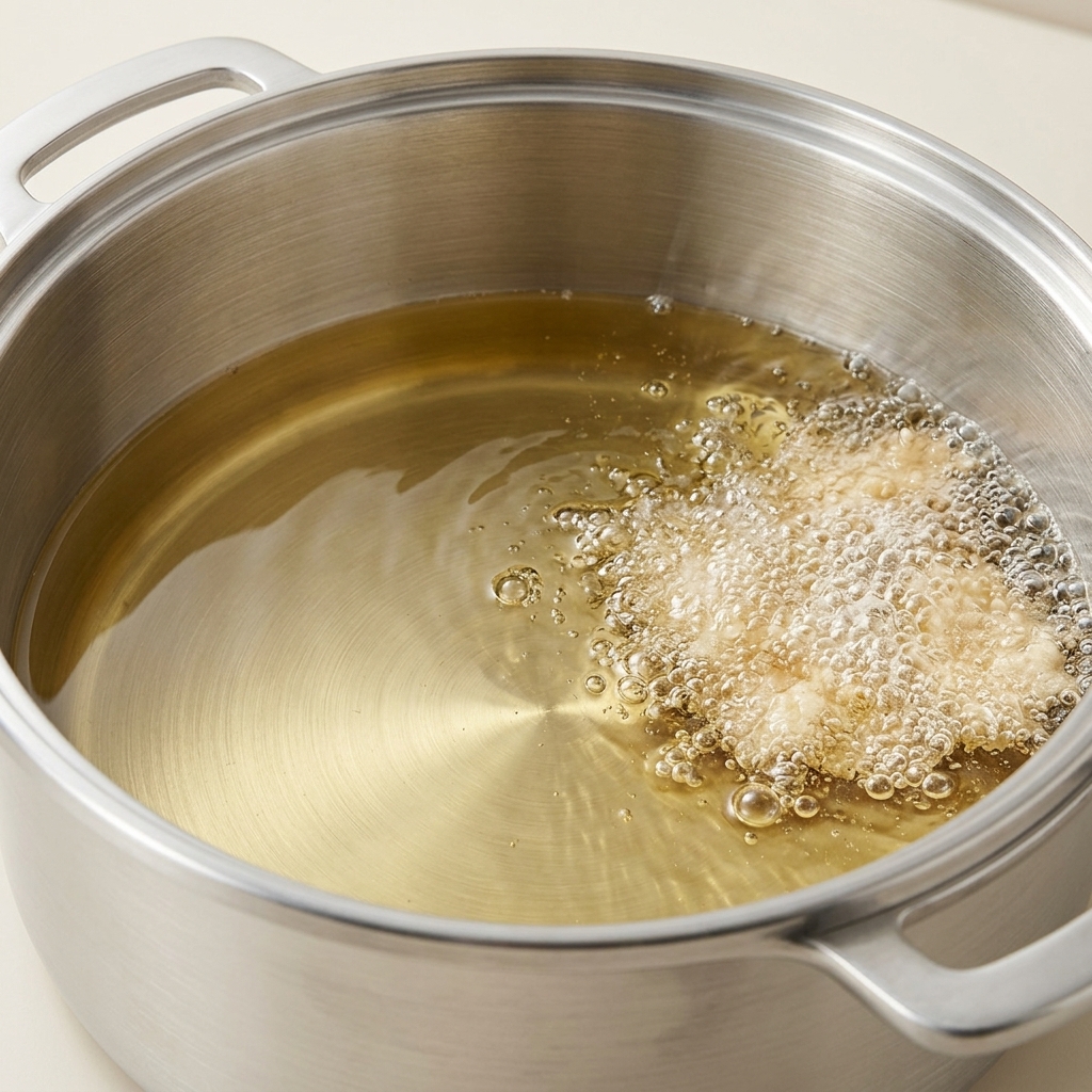 Hähnchenstücke, die in einem Topf mit heißem Öl frittiert werden und goldbraun sprudeln.