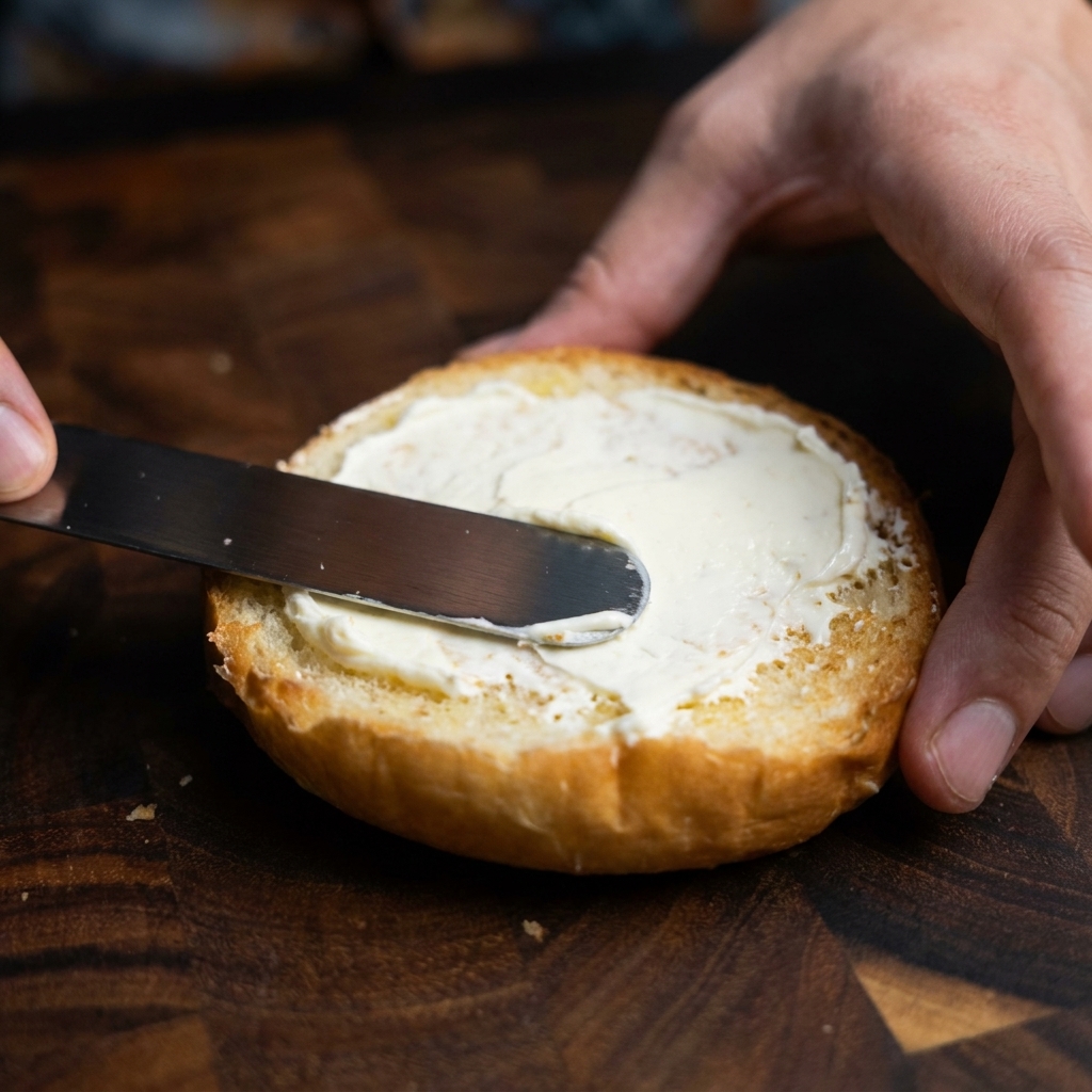 Ein Messer streicht eine dicke Schicht cremiger Eigelbsauce auf die geröstete Seite eines Burgerbrötchens.