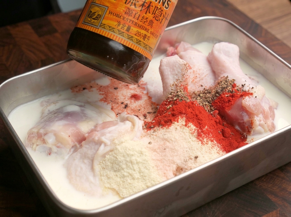 Einige Tropfen Worcestershiresauce werden über die marinierten Hähnchenschenkel gegeben.