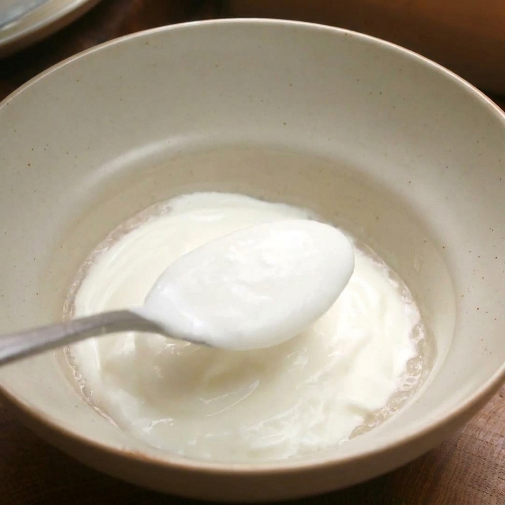 Ein Löffel gibt cremigen Naturjoghurt in eine Keramikschale.
