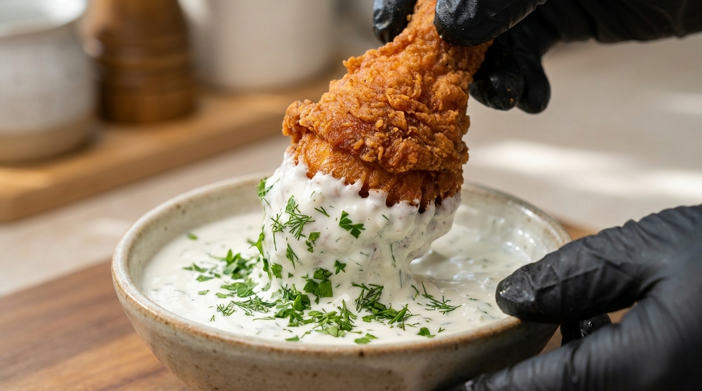 Knuspriges Brathähnchen mit Joghurt-Zwiebel-Dip