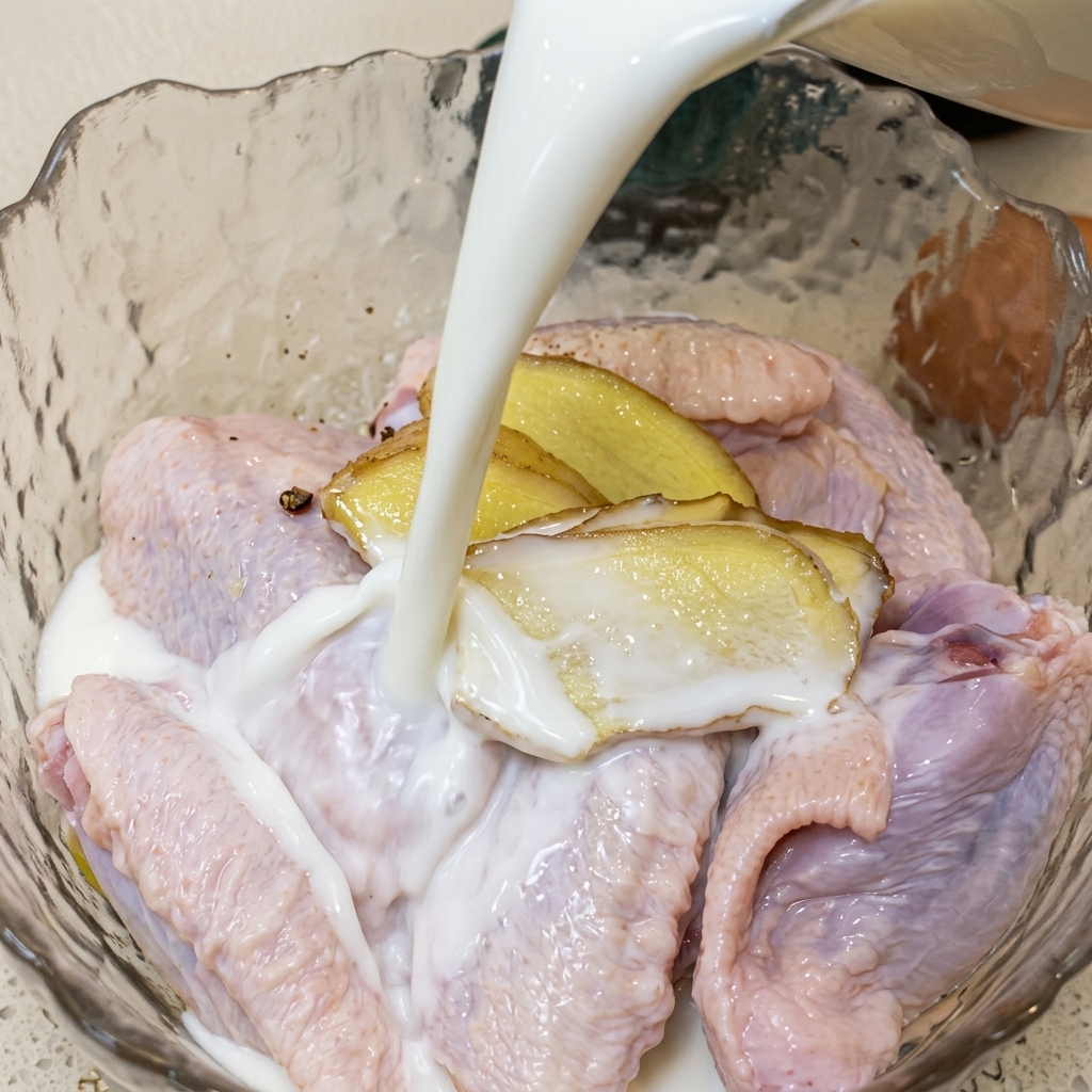 Milch wird aus einem Krug in eine Schüssel mit gewürzten Hähnchenflügeln gegossen.