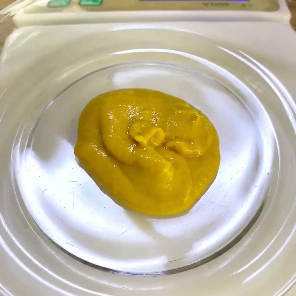 Ein Löffel cremiger Naturjoghurt wird zur Senfsoße in die Schüssel gegeben.