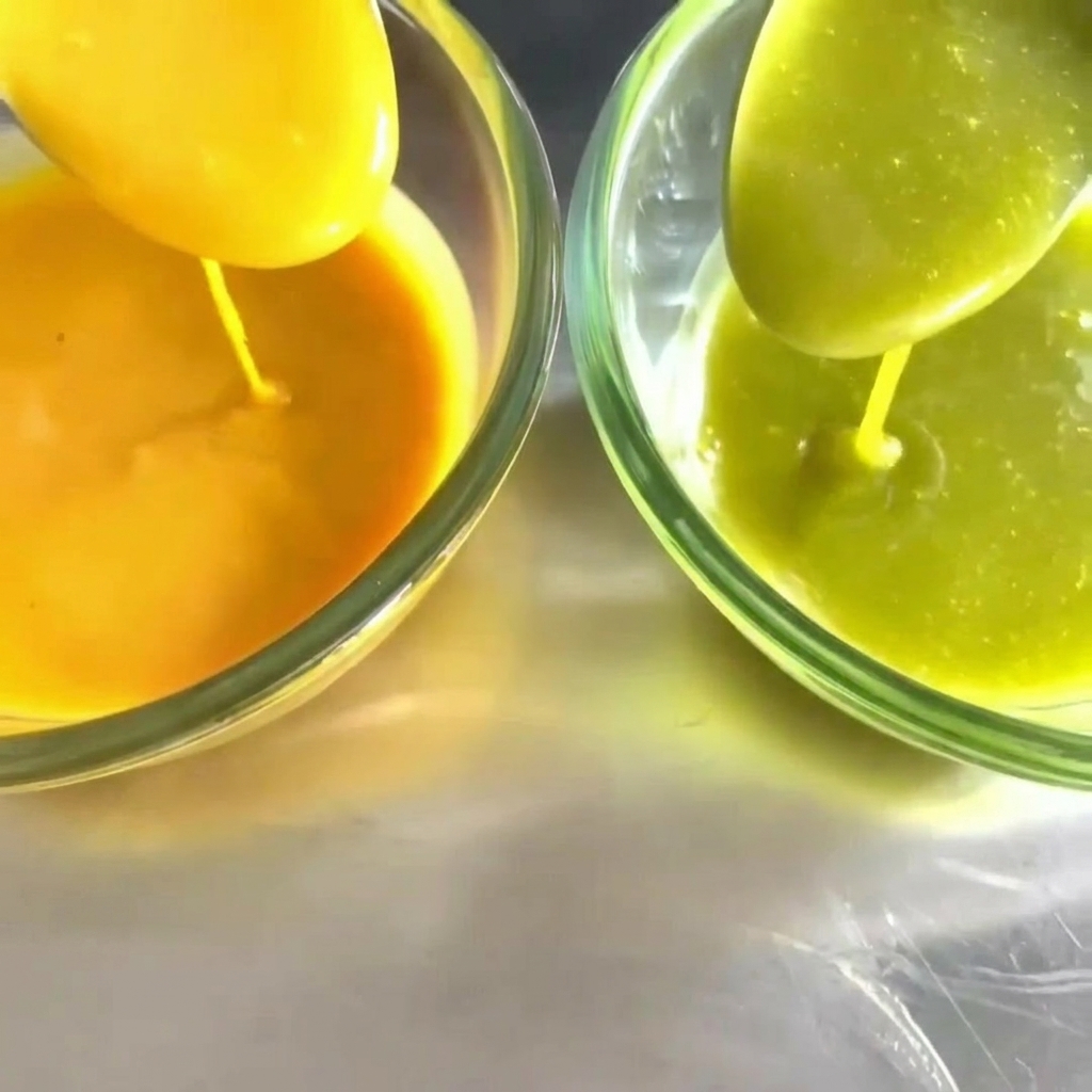 Nahaufnahme von goldenem Honig, der in eine kleine Glasschale gegossen wird.