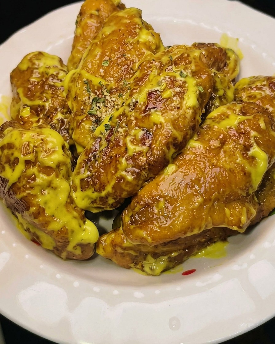 Hinzufügen von Tempura-Mehl zu abgespülten Hähnchenflügeln in einer Edelstahlschüssel.