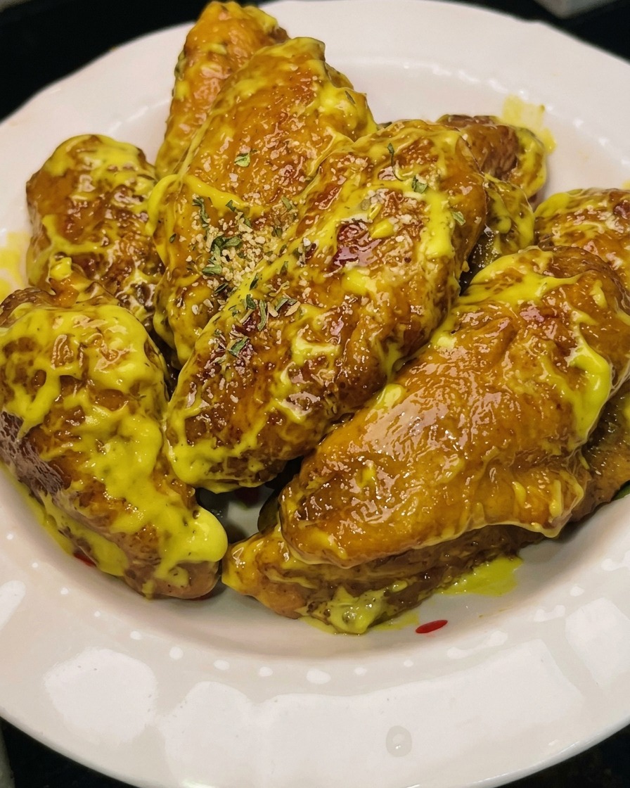 Hähnchenflügel, die gleichmäßig mit dem cremigen Teig überzogen sind.
