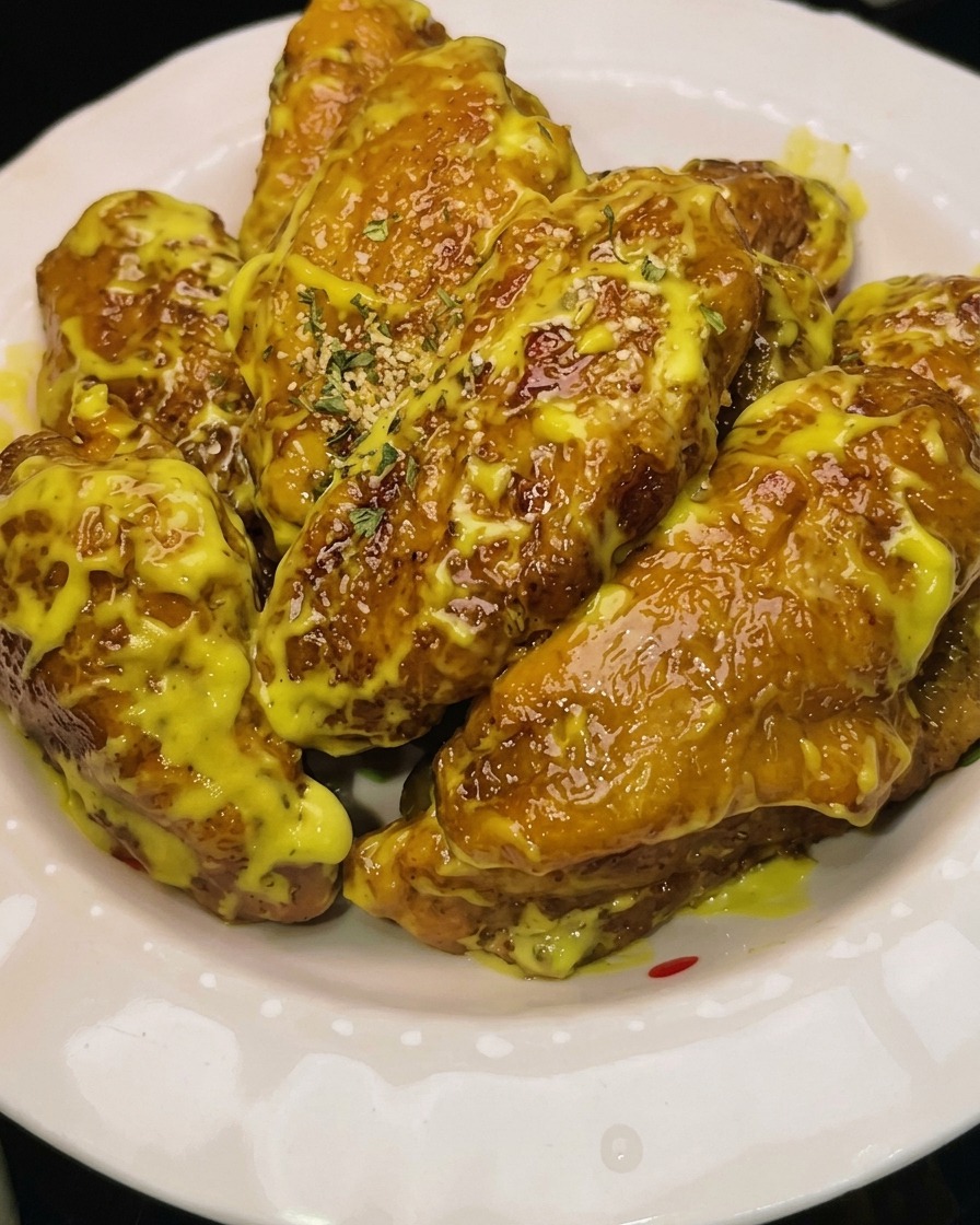 Goldbraune Hähnchenflügel werden mit einem Sieblöffel aus dem Öl gehoben.