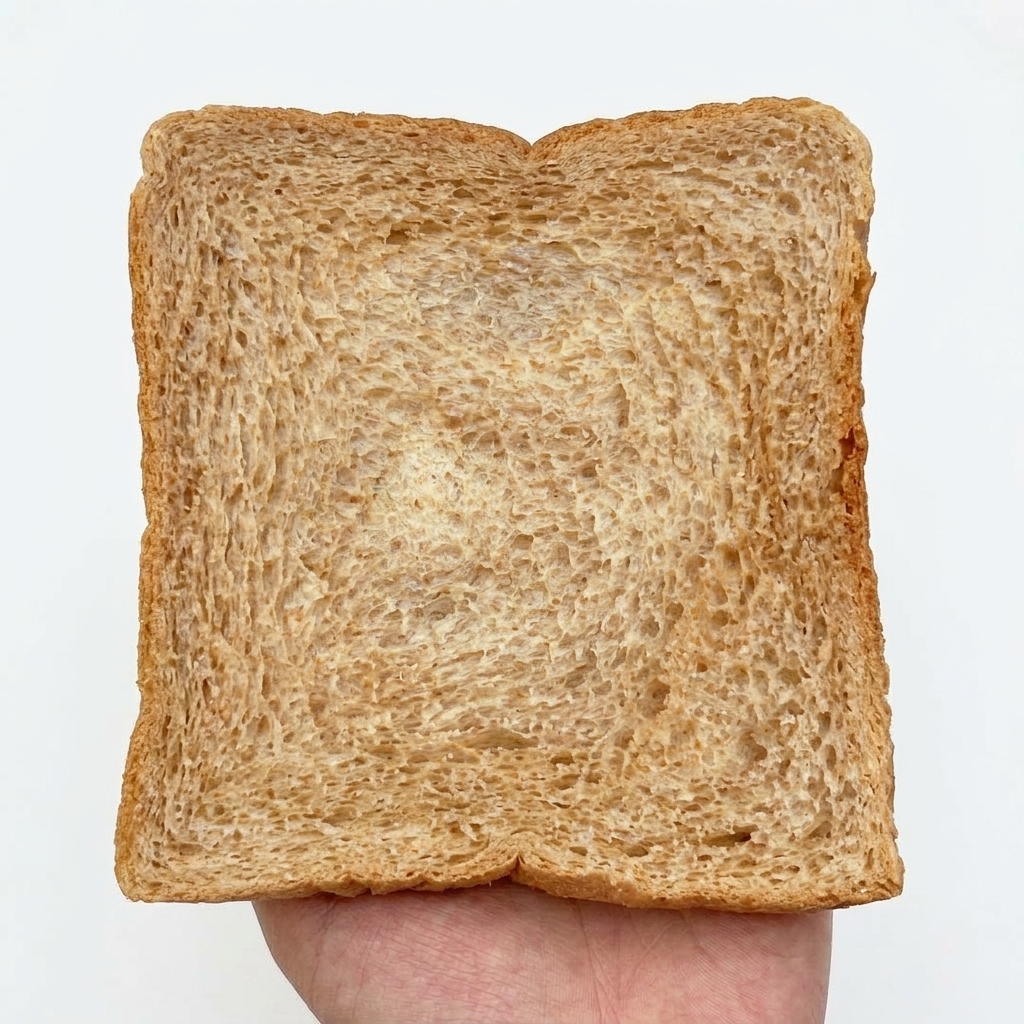 Eine Scheibe Toastbrot auf einer weißen Oberfläche, auf die mit einem Holzlöffel würzige Rindfleischsauce gestrichen wird.